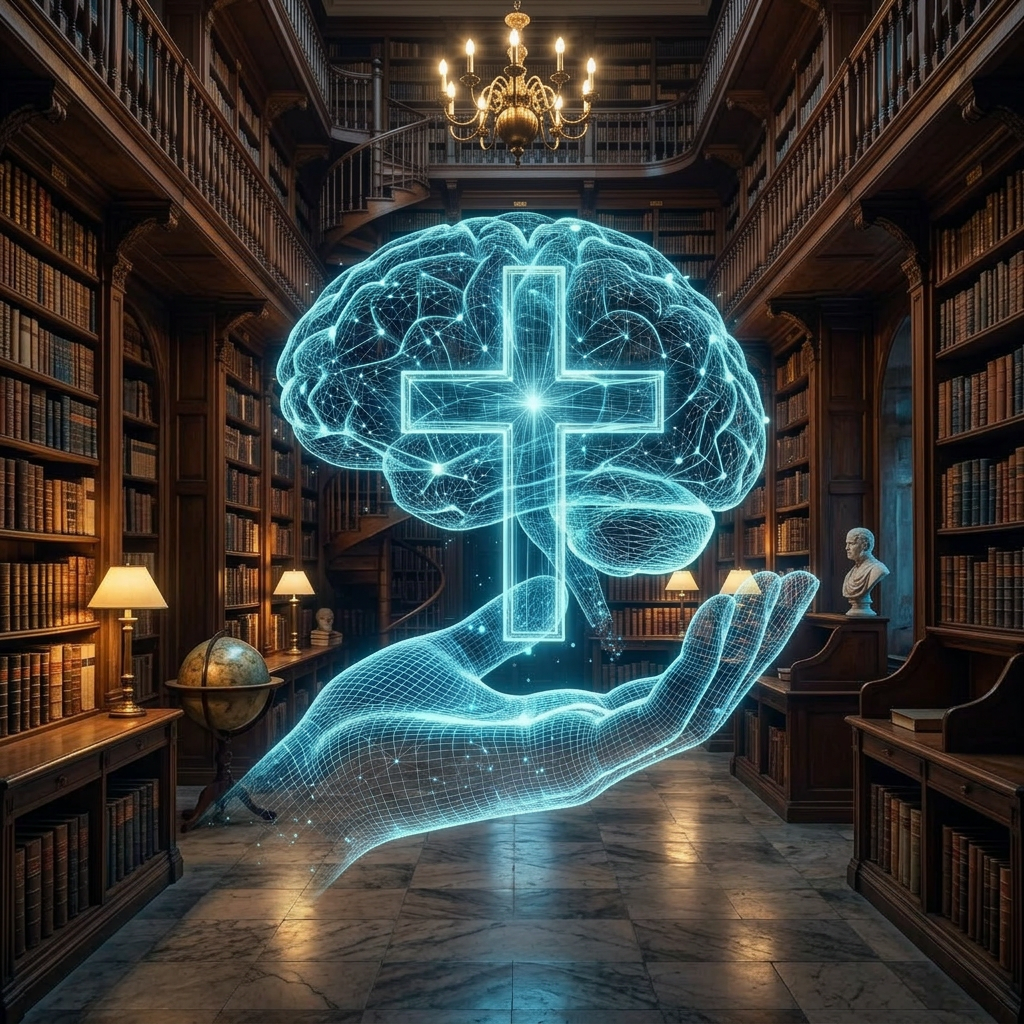 Therapist and client engaging in a discussion with holographic brain and spirituality graphics